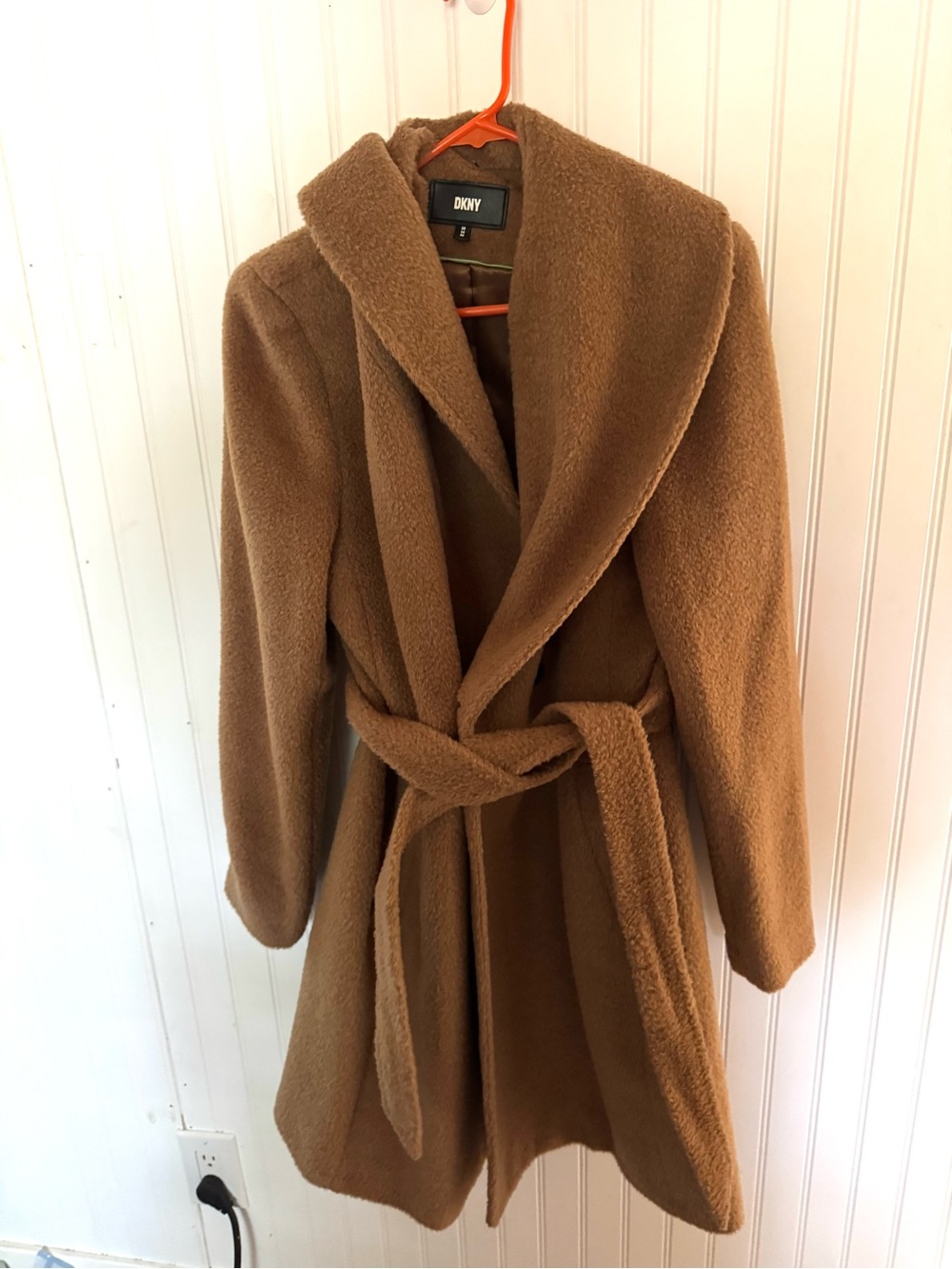 DKNY Camel Belted Teddy Pea Coat medium